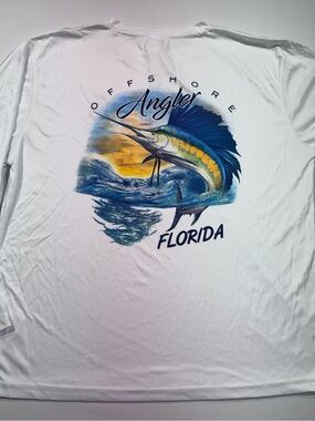 DMR SPORT Men's LS T-Shirt, White, Fishing Graphics Front & Back, M, NWT